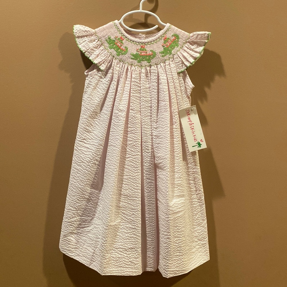 Shrimp&Grits pink and white seersucker bishop dress, Smocked top, flutter sleeve
